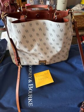 Dooney & Bourke White Signature Logo Shoulder Bag with Brown Trim